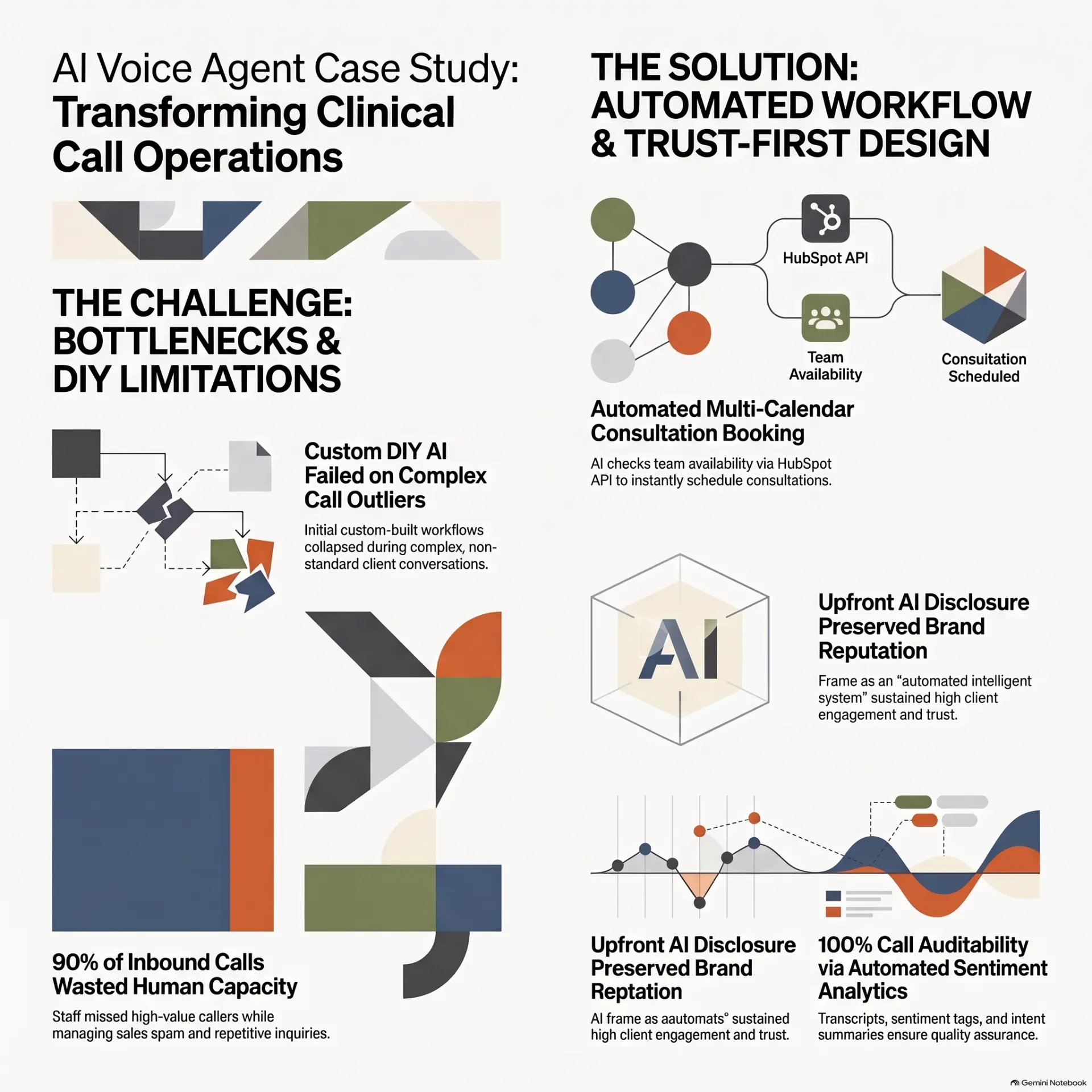 Familywood AI voice agent case study infographic: DIY call-handling challenges, automated HubSpot consultation booking, transparent AI disclosure and call analytics.