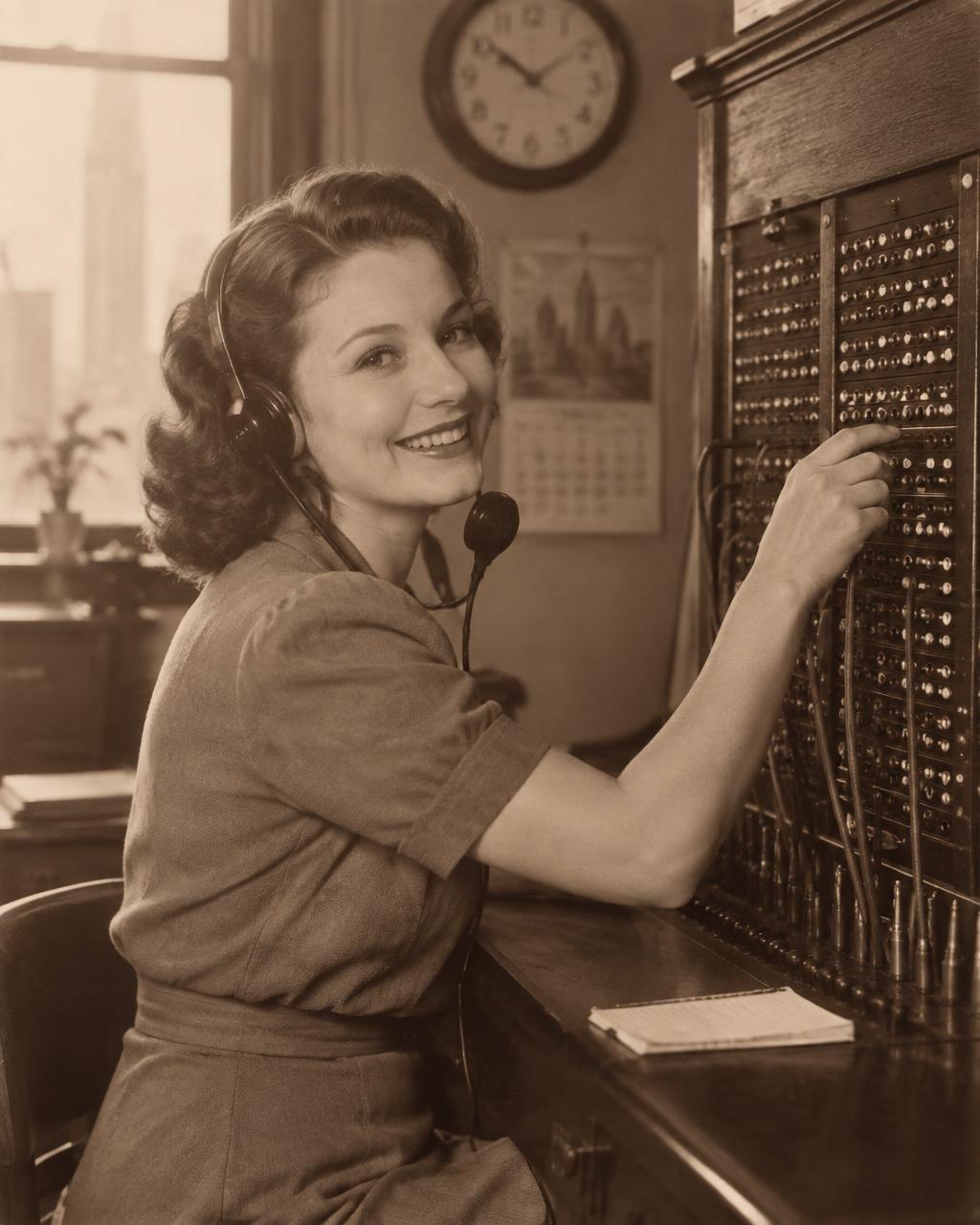 Smiling vintage switchboard operator wearing a headset